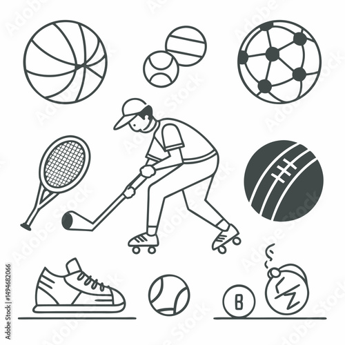 Monochrome vector illustration featuring various sport equipment and sportsman playing ice hockey