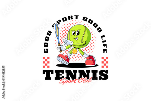 tennis ball retro cartoon character mascot illustration with holding racket and forehand pose for tennis club and professional player mascots and merchandise