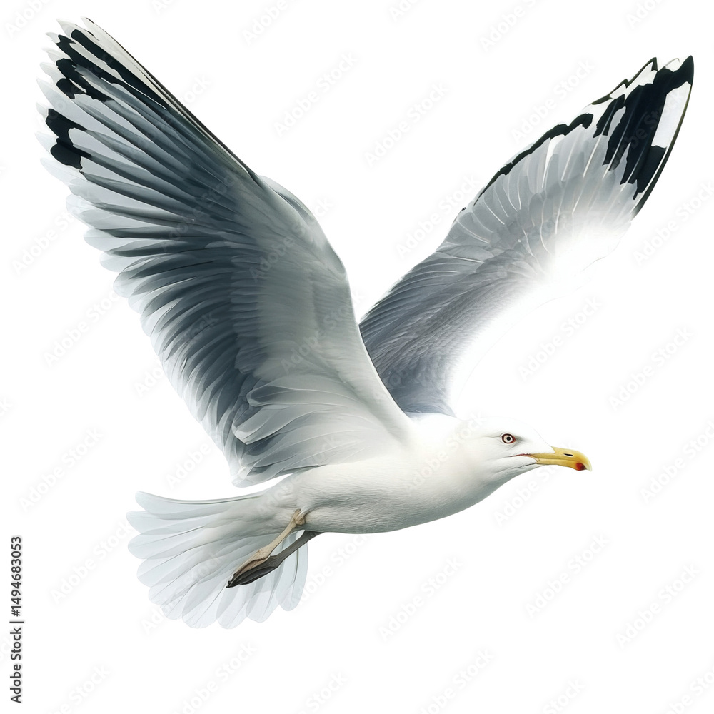 Obraz premium seagull soaring gracefully in sky, showcasing its white and gray feathers with outstretched wings. bird embodies freedom and beauty of nature