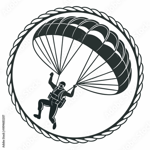 Soldier parachuting in mid air framed by rope circle graphic illustration