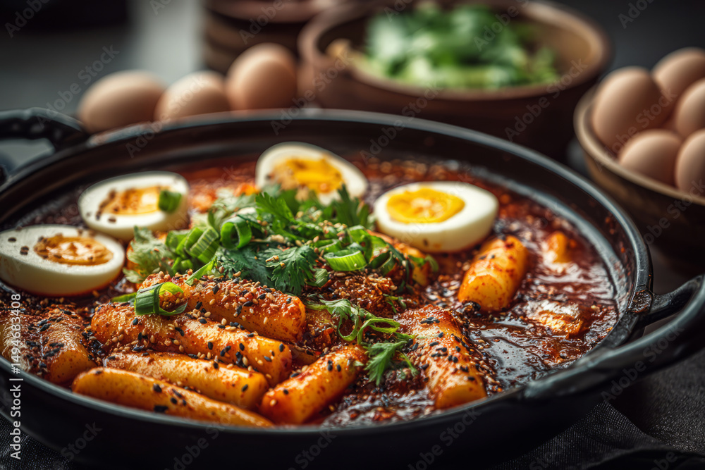 Hot rice cakes in chili paste with toppings Hot rice cakes in chili paste with toppings