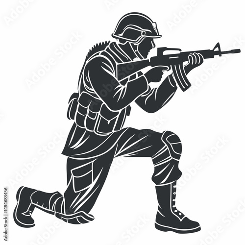 Soldier silhouette kneeling aiming rifle black and white illustration vector