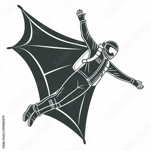 Wingsuit flyer silhouette gliding through air with arms outstretched safely