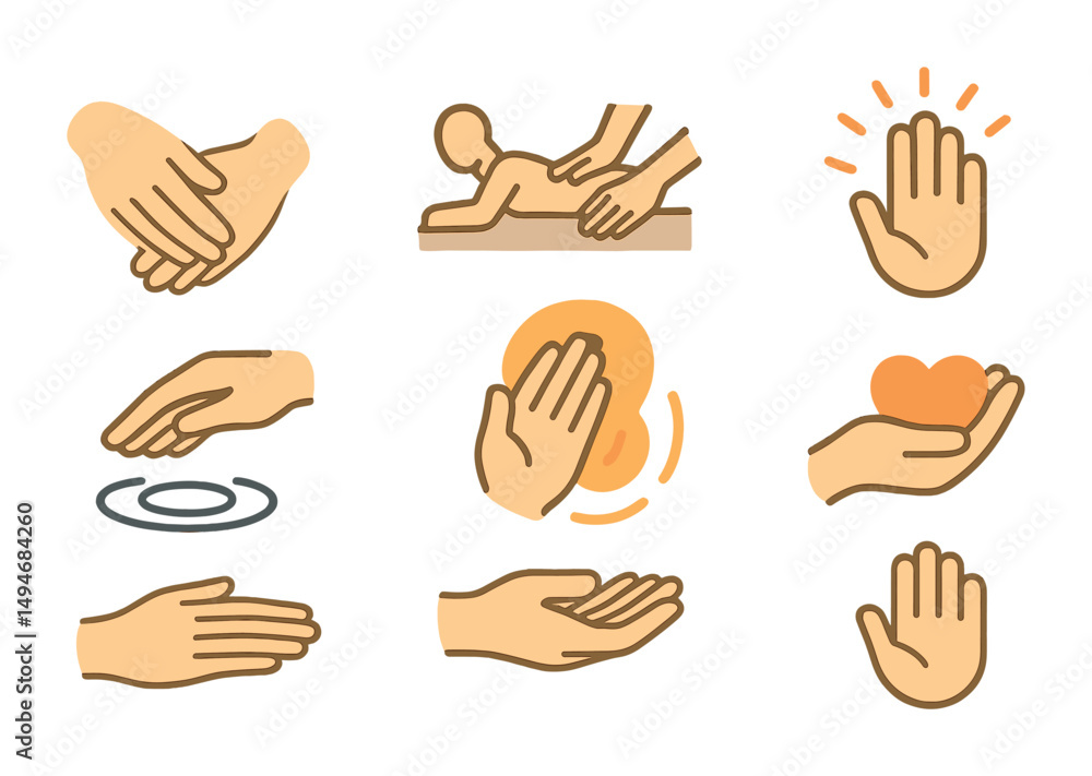 Fototapeta premium Massage and wellness icons set – flat, filled, therapeutic and relaxation symbols