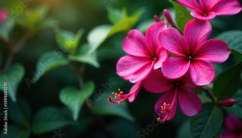 Vibrant fuchsia flowers, intricate leafy details, purple, bright, colorful