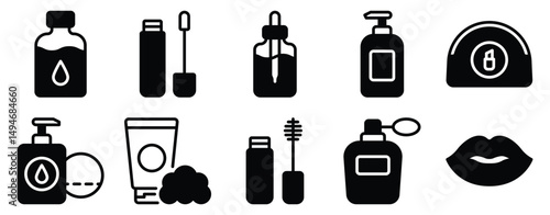 Cosmetic Product Icon Set Solid Style Collection representing beauty and skincare items suitable for cosmetic brands ecommerce platforms and personal care marketing materials