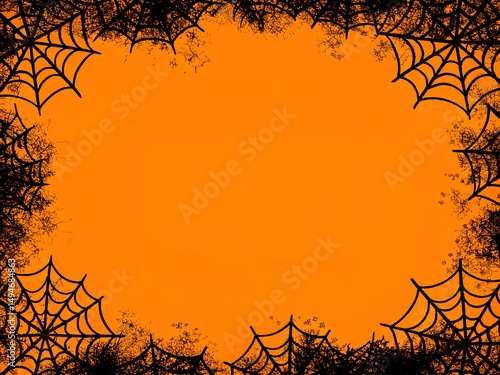 Grunge Halloween Spider Web Frame on Orange Background for Spooky Designs
