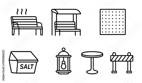 Urban furniture line icons set – silhouette, outline, city and public seating symbols