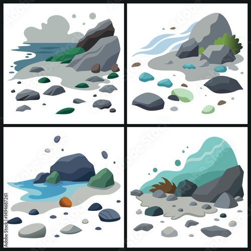 Scenic rocky shoreline landscape illustrations with sea waves, pebbles, and coastal rock formations in flat design style