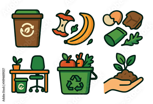 Recycling and compost icons set – filled, flat, eco-friendly waste management symbols