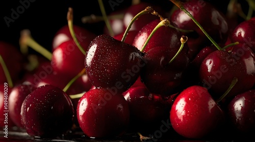 A generous pile of ripe cherries glistening with moisture on a dark background.