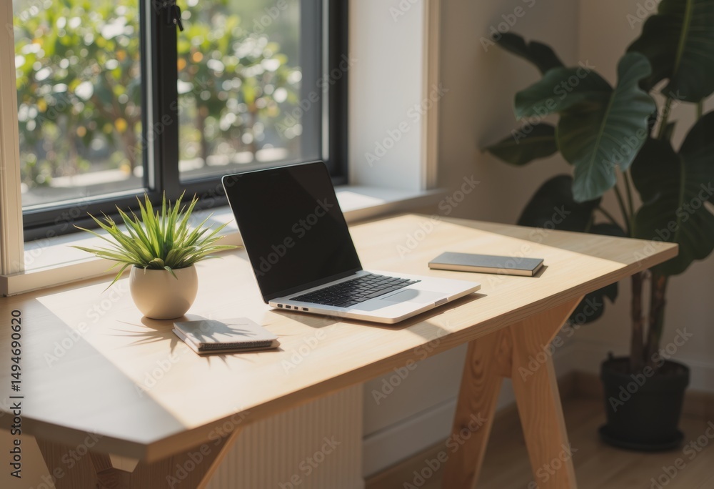 Modern workspace featuring a laptop, smartphone, and potted plant Modern workspace featuring a laptop, smartphone, and potted plant