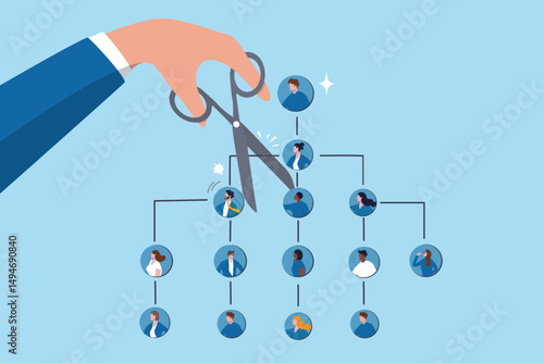 Downsizing or layoff employee, contract termination, loss job from redundancy, dismissal workforce, restructure company, unemployed or outsourcing, businessman hand cut job from organization chart.