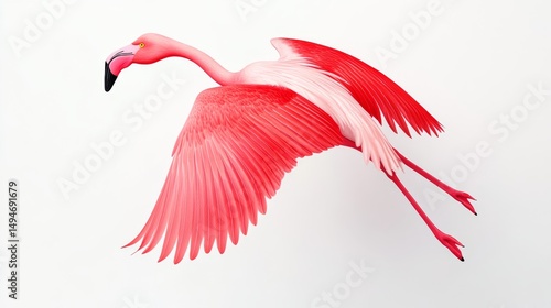 Pink Flamingo in Flight Red Wings, White Background, Bird Art, Flamingo Art Flamingo, Bird
