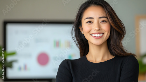Free Download Confident young woman smiling in a modern office, showcasing professionalism and positivity in a corporate environment. - GFXLoad
