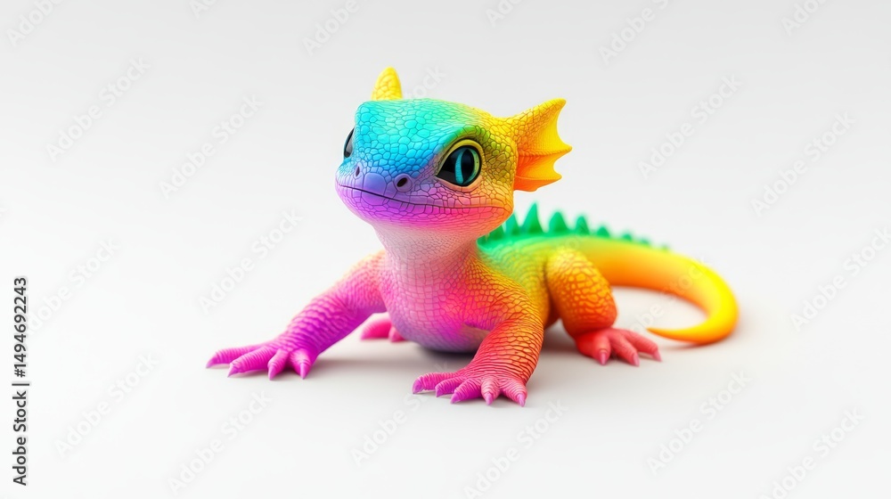 Naklejka premium Rainbow Dragon Baby 3D Render, Cute Fantasy Creature, Colorful Lizard, digital art. Dragon, 3D model