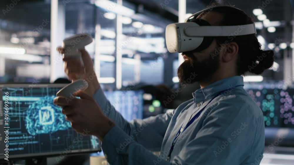 Data center technician using VR headset to monitor neural network AI ...