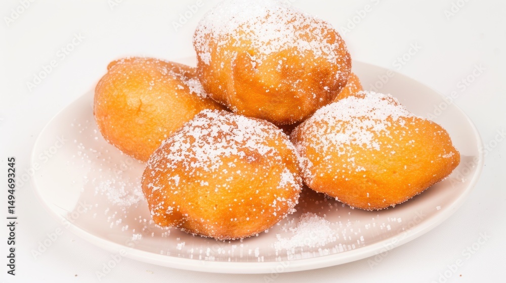 Close-up of four golden fried doughnuts topped with powdered sugar on a white plate. Close-up of four golden fried doughnuts topped with powdered sugar on a white plate.