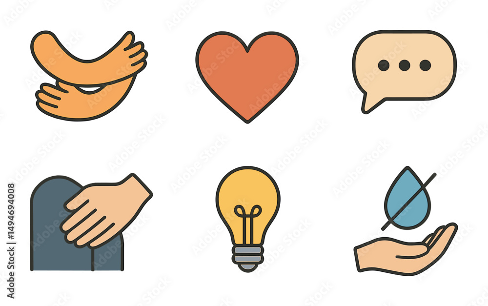 Mental health and support icons set – outline, filled, wellness symbols Mental health and support icons set – outline, filled, wellness symbols
