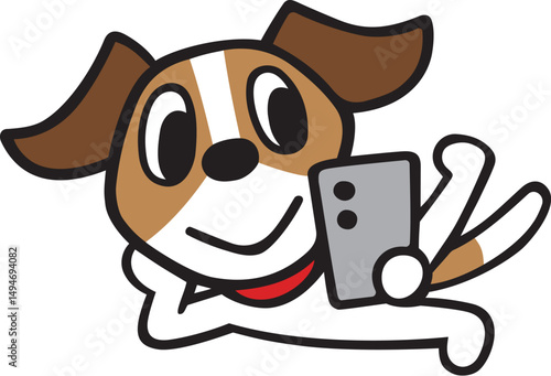 ジャックラッセルテリア犬キャラクター　リラックスしてスマホ操作