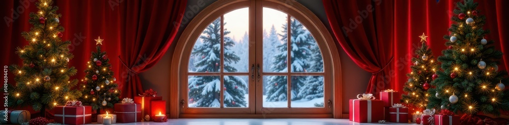 Fototapeta premium Arched window, red velvet curtains frame decorated Christmas trees, gifts , interior, curtains, window