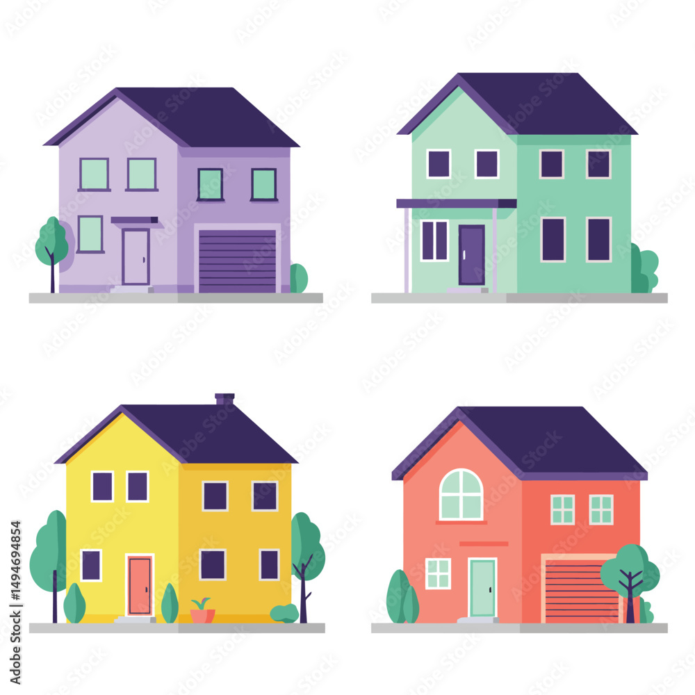 Modern simple suburban house exterior set in flat style design, set of colorful house exterior, vector illustration isolated on white. Modern simple suburban house exterior set in flat style design, set of colorful house exterior, vector illustration isolated on white.