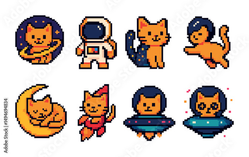 Space cat pixel art icons set – cosmic, feline, digital graphics collection