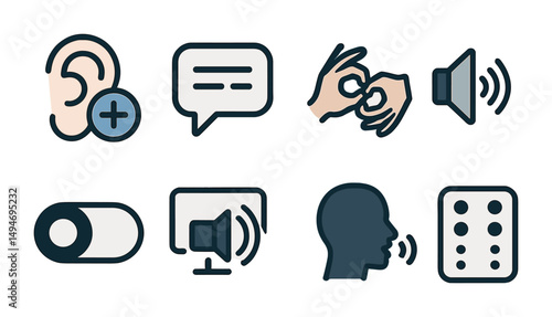 Accessibility and communication icons set – flat, inclusive, assistive tools