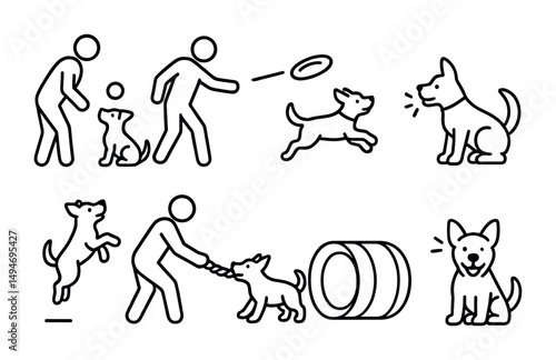 Dog training outline icons set – line, puppy obedience and pet behavior symbols