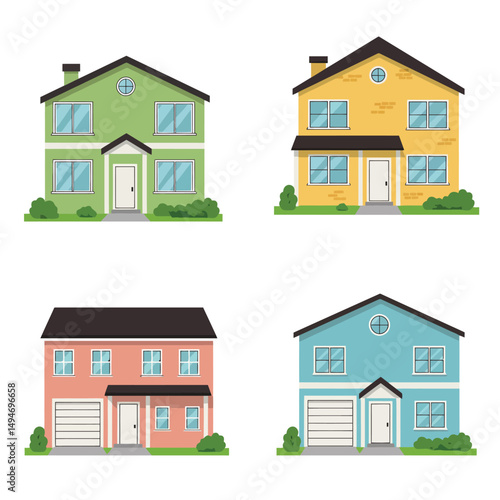 Modern simple suburban house exterior set in flat style design, set of colorful house exterior, vector illustration isolated on white. 