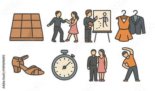 Dance and movement flat icons set – activity, hobby, sports symbols
