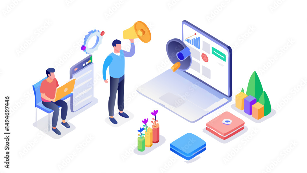 Character working at content creation, analyzing data, communicate with audience. Digital marketing, advertising, promotion concept. Flat isometric vector illustration. Character working at content creation, analyzing data, communicate with audience. Digital marketing, advertising, promotion concept. Flat isometric vector illustration.