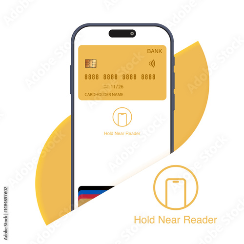 Realistic 3D Smartphone with Credit Card Tap Near Reader – Contactless Payment, POS Terminal Mockup, NFC Processing, Online Shopping, Purchase by Card – Vector Illustration