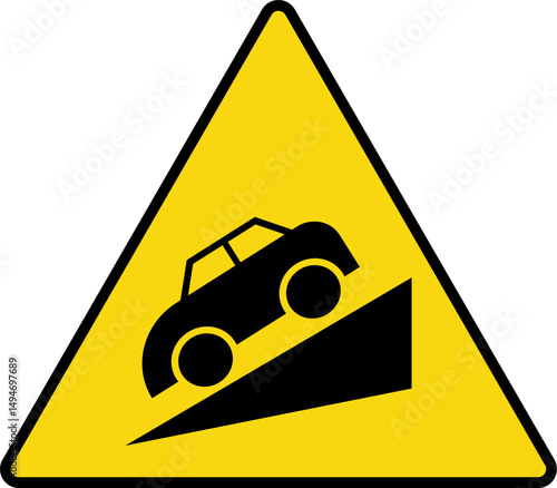downhill road sign. Descent warning road signs. Yellow rhombus traffic icon. signs showing cars on a hill. vehicle uphill street safety icon
