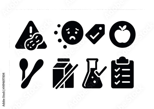 Allergy awareness solid icons set – filled, medical and food safety symbols