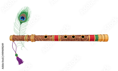 Intricate Traditional Indian Flute with Peacock Feather Decoration