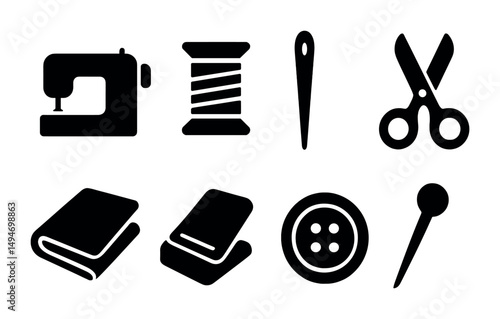 Sewing and craft solid icons set – filled, tools, hobby and textile designs