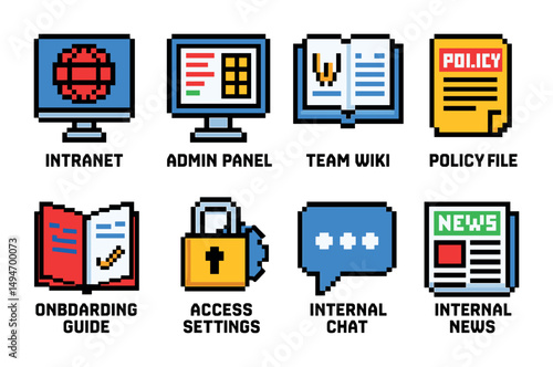 Intranet and admin panel icons set – pixel art, access and policy symbols