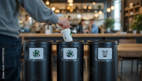 Person disposing of cup in recycling bin