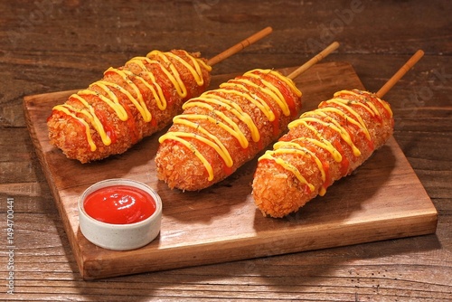 Corn dog is a food made from skewered sausages (usually hot dogs) coated in a thick layer of cornmeal and fried.