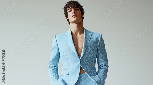 A man in a sophisticated pastel blue Easter suit with a subtle pattern, standing tall on a plain white background.