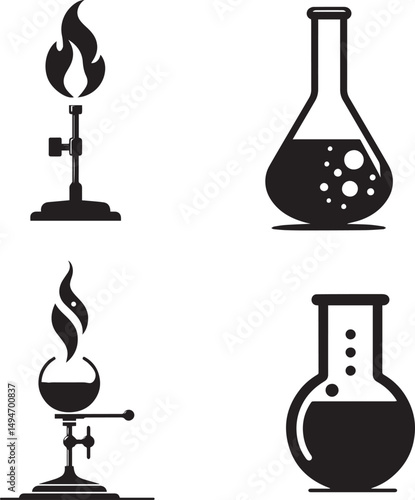 Beaker Wide mouth, flat bottol Erlenmeyer flask Tapered neck for mixing liquid Bunsen burner Flame with stand.eps