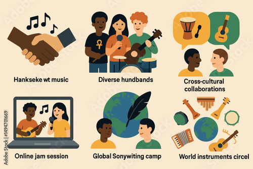 Cultural music flat icons set – diverse, global, collaborative instruments