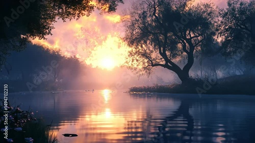 sunset over lake, Serene sunset over a misty river, reflecting vibrant colors. peaceful on the water. Silhouetted trees frame the scene adding depth and tranquility to the picturesque landscape