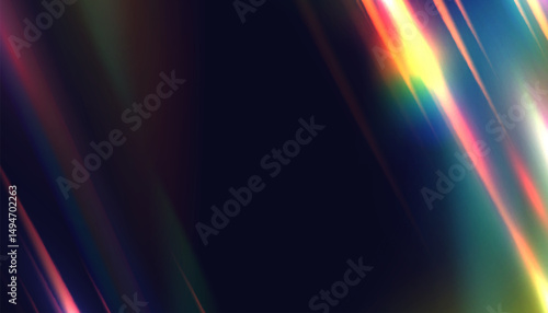 Diagonal prism light streaks with rainbow dispersion on dark background. Abstract refraction glow texture for digital design, holographic overlays and visual backdrops.

