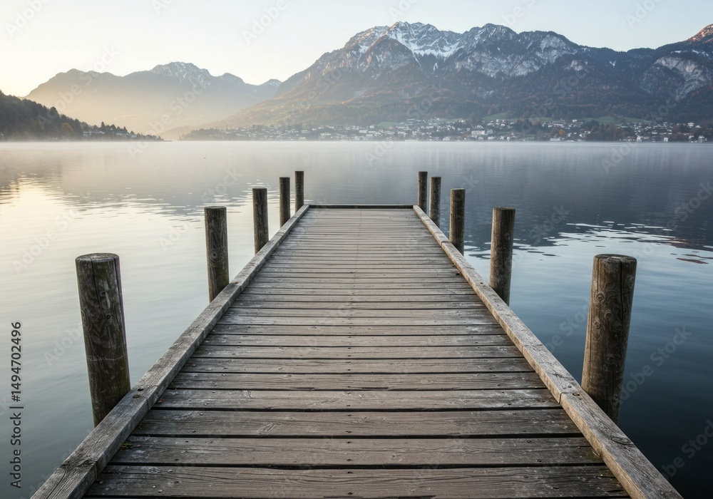 Fototapeta premium Walking on a Dock Over a Serene Lake with Distant Mountains