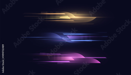 Glowing horizontal motion lines with blurred light effects on dark background. Neon streaks in purple, blue, and yellow for tech, gaming, or interface concepts.

