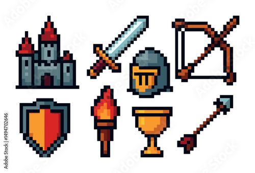 Fantasy adventure pixel art icons set – game, medieval, quest symbols