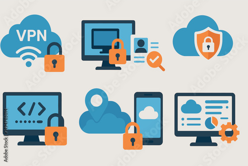 Cybersecurity and cloud flat icons set – secure, online data protection symbols