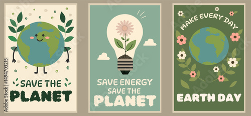 Earth Day poster set: floral Earth, eco bulb and nature quotes in matching flat vector style for green campaigns and education.